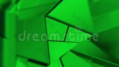 绿色抽象多边形破碎形状起伏无缝循环。三维动画。
